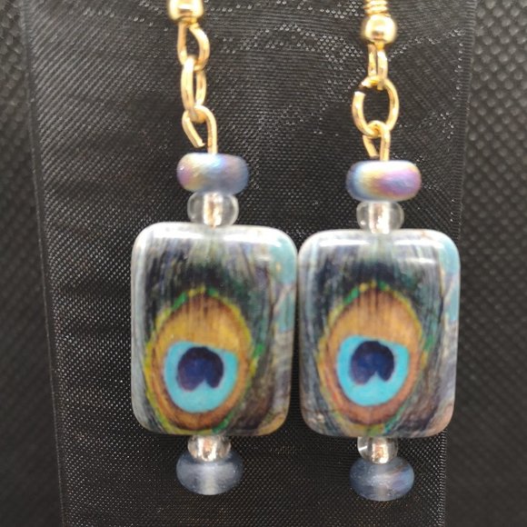 NEW - 18K Gold Plated Hardware with Peacock Stone - Handmade Earrings - Picture 2 of 5